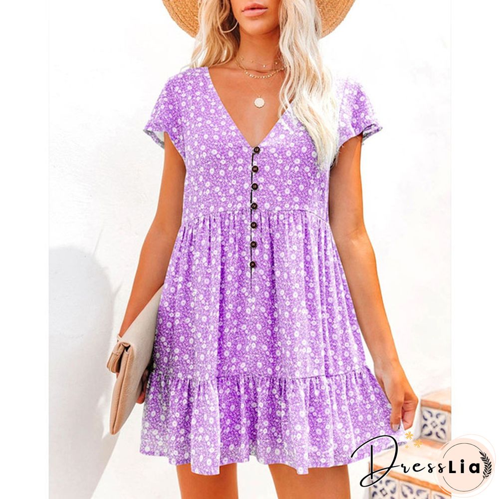 XS-8XL Spring Summer Dresses Plus Size Fashion Clothes Women's Casual Short Sleeve Dress Ladies Button Up Floral Flower Printed Dress Patchwork Loose Mini Pleated Dress Beach Wear Short Party Dress