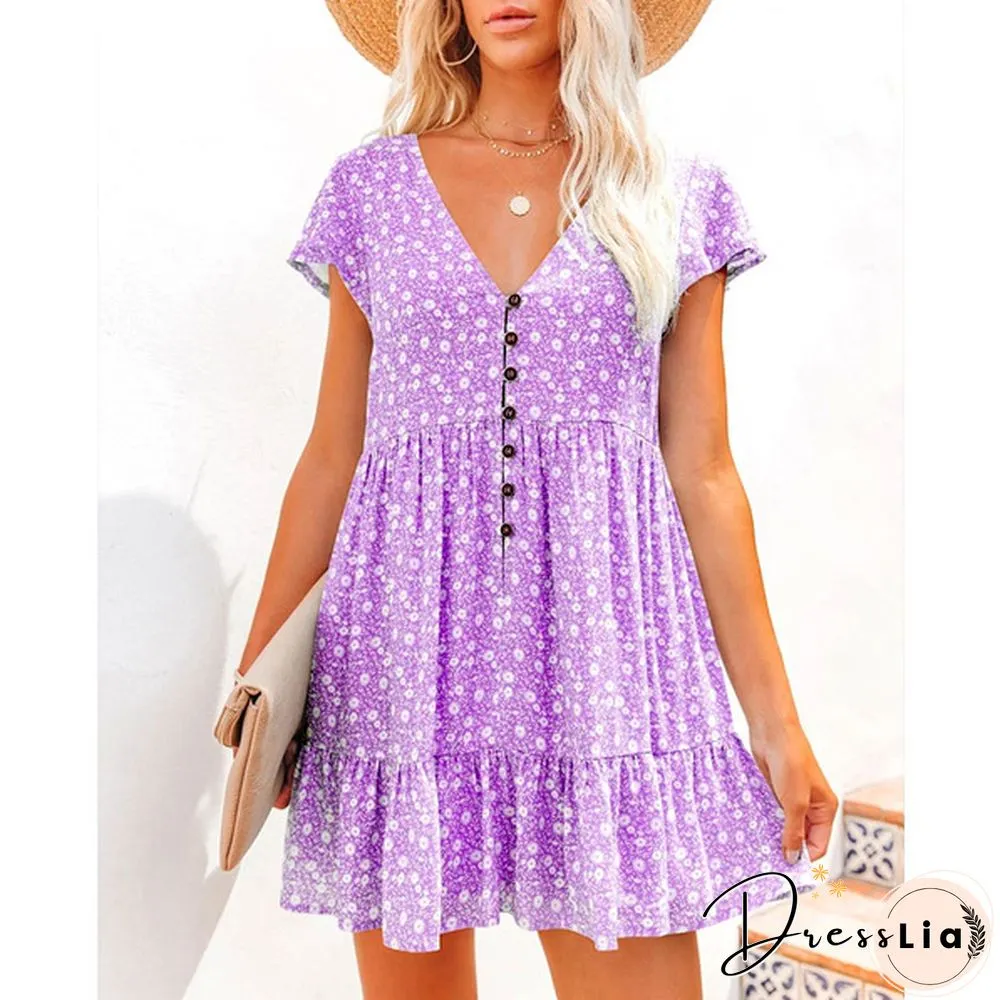 XS-8XL Spring Summer Dresses Plus Size Fashion Clothes Women's Casual Short Sleeve Dress Ladies Button Up Floral Flower Printed Dress Patchwork Loose Mini Pleated Dress Beach Wear Short Party Dress