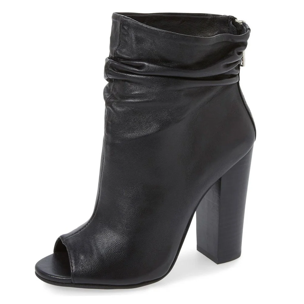 Women Stylish Peep Toe Slouch Ankle Boots Chunky Stacked Heels Nicepairs