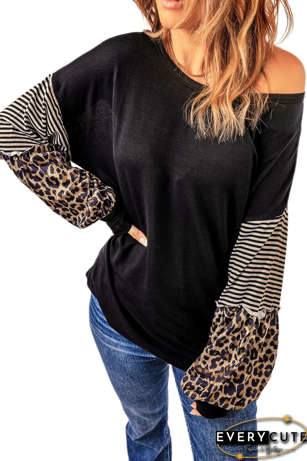 Black Leopard Striped Print Sleeve Colorblock Top