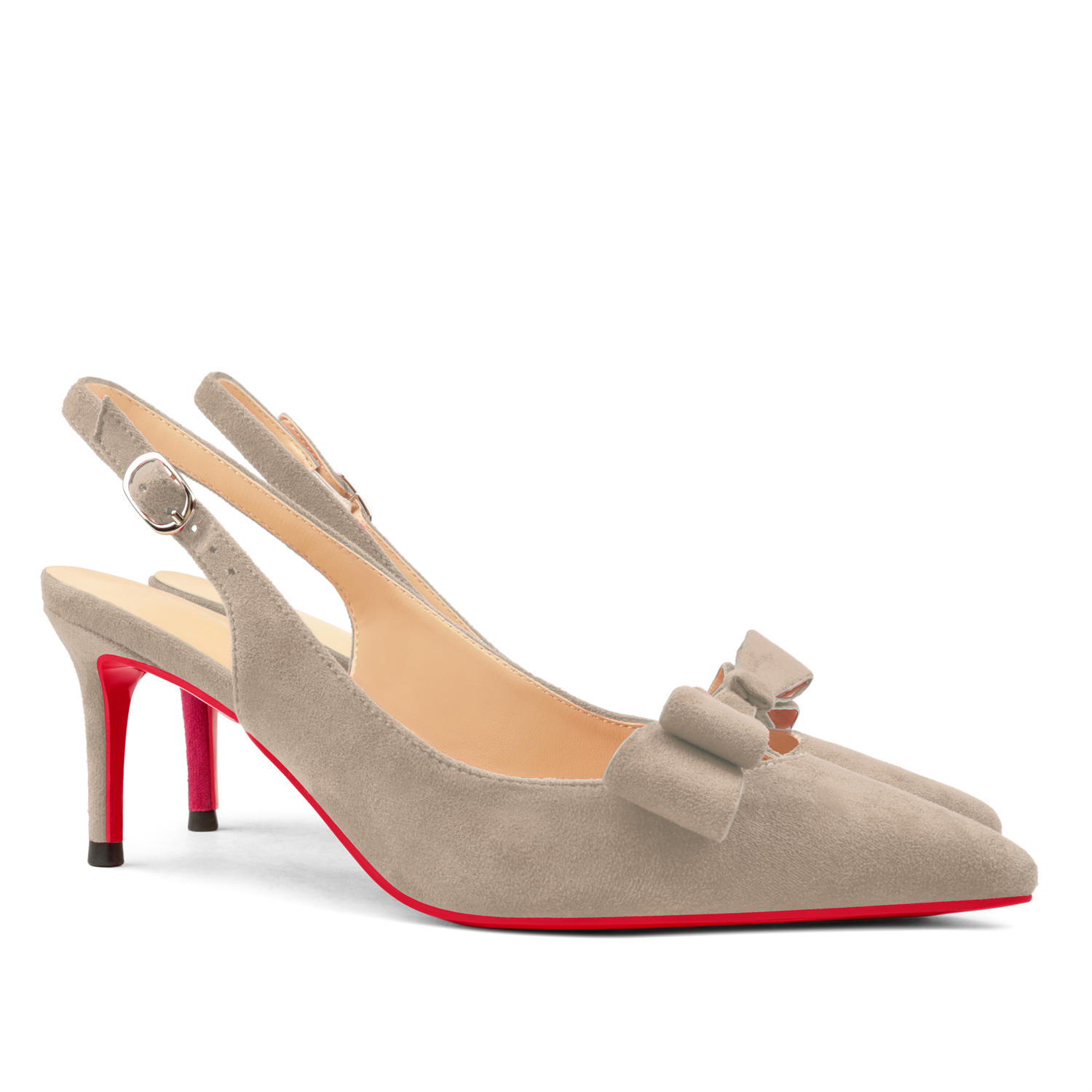 65mm Women's Pointed Toe With Bows Kitten Stillettos Slingback Red Bottoms Prom Suede Sandals-vocosishoes