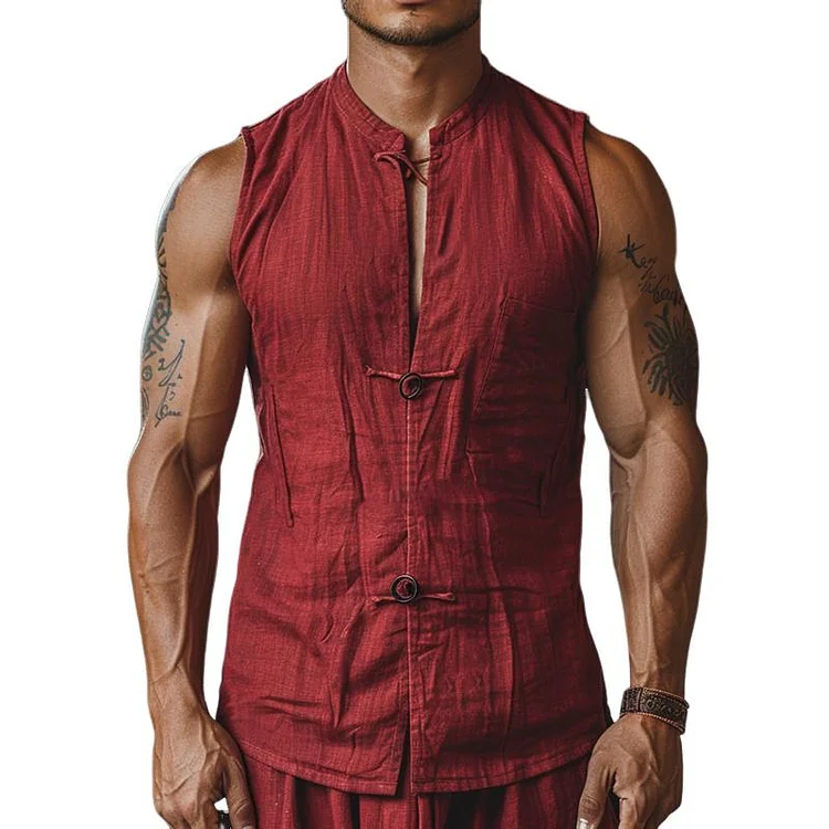 Men's Vintage Button Stand Collar Slim Sleeveless Shirt