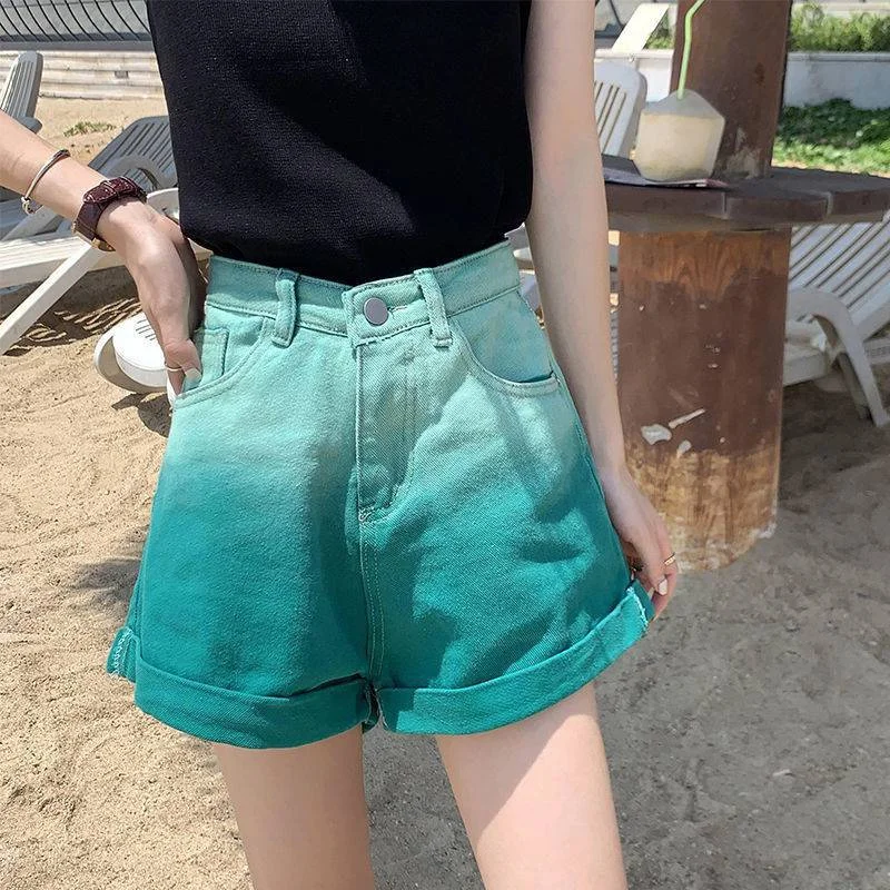 Gradient green Denim Shorts Large women&#39;s summer thin high waist thin wide leg pants loose a-word hot pants fashion