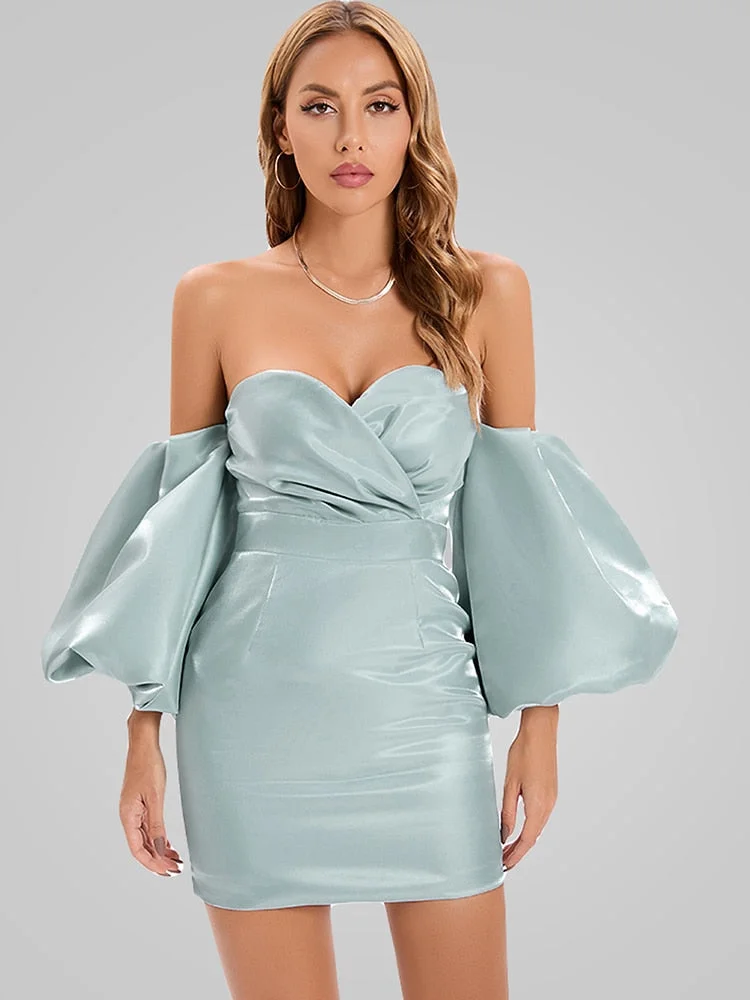 Tlbang Off Shoulder Puff Sleeves Mini Slim Dress Women V Neck Strapless Lantern Sleeve Mini Dress Celebrity Party Club Satin Dress