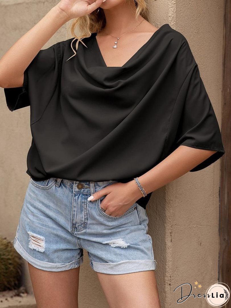 Pleated Drape Solid Color V-neck Short Sleeve Loose Blouses