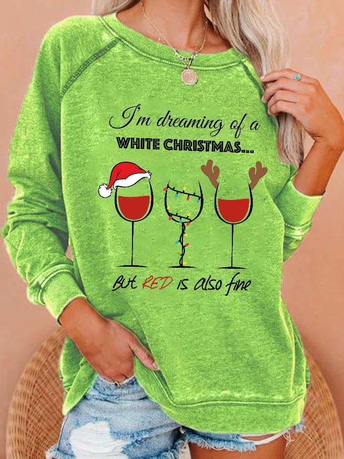 Women's Christmas Wine Glass Print Crew Neck Sweatshirt