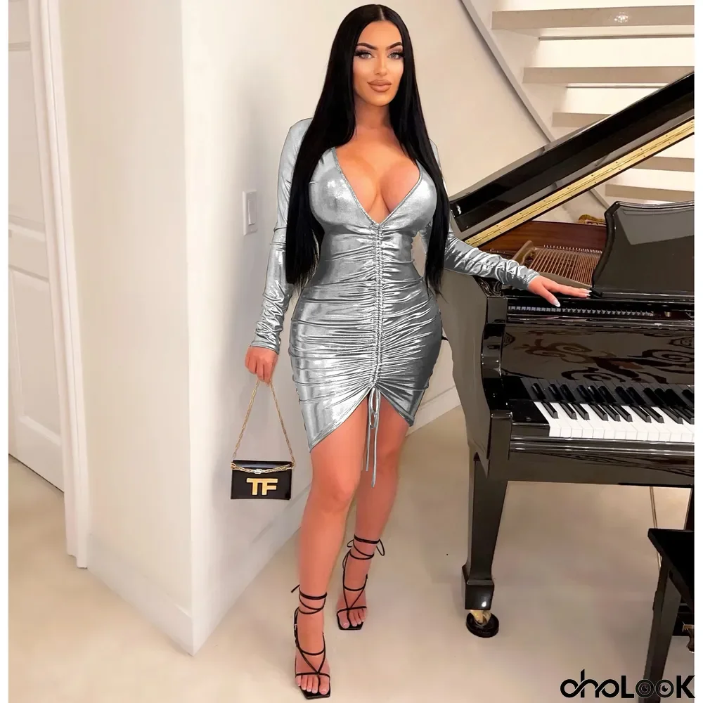 Women Sexy Deep V Long Sleeve Drawstring Bodycon Dress