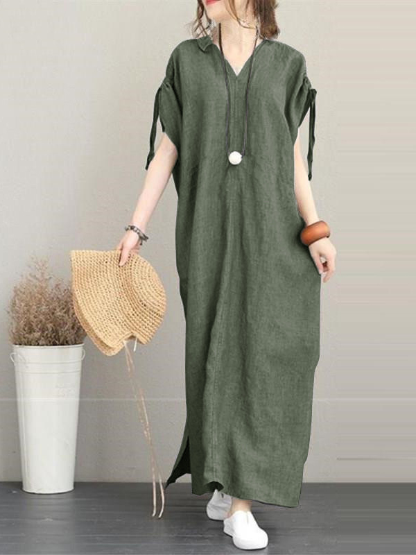 Side Split V Neck Short Sleeve Cotton Linen Maxi Dress