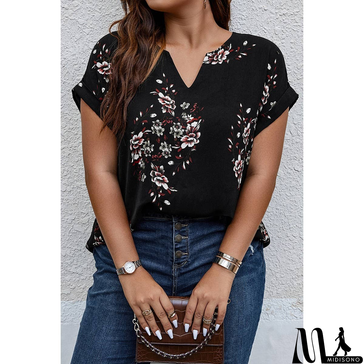MidiSono - Plus Size Floral Print V Neck Loose Blouse