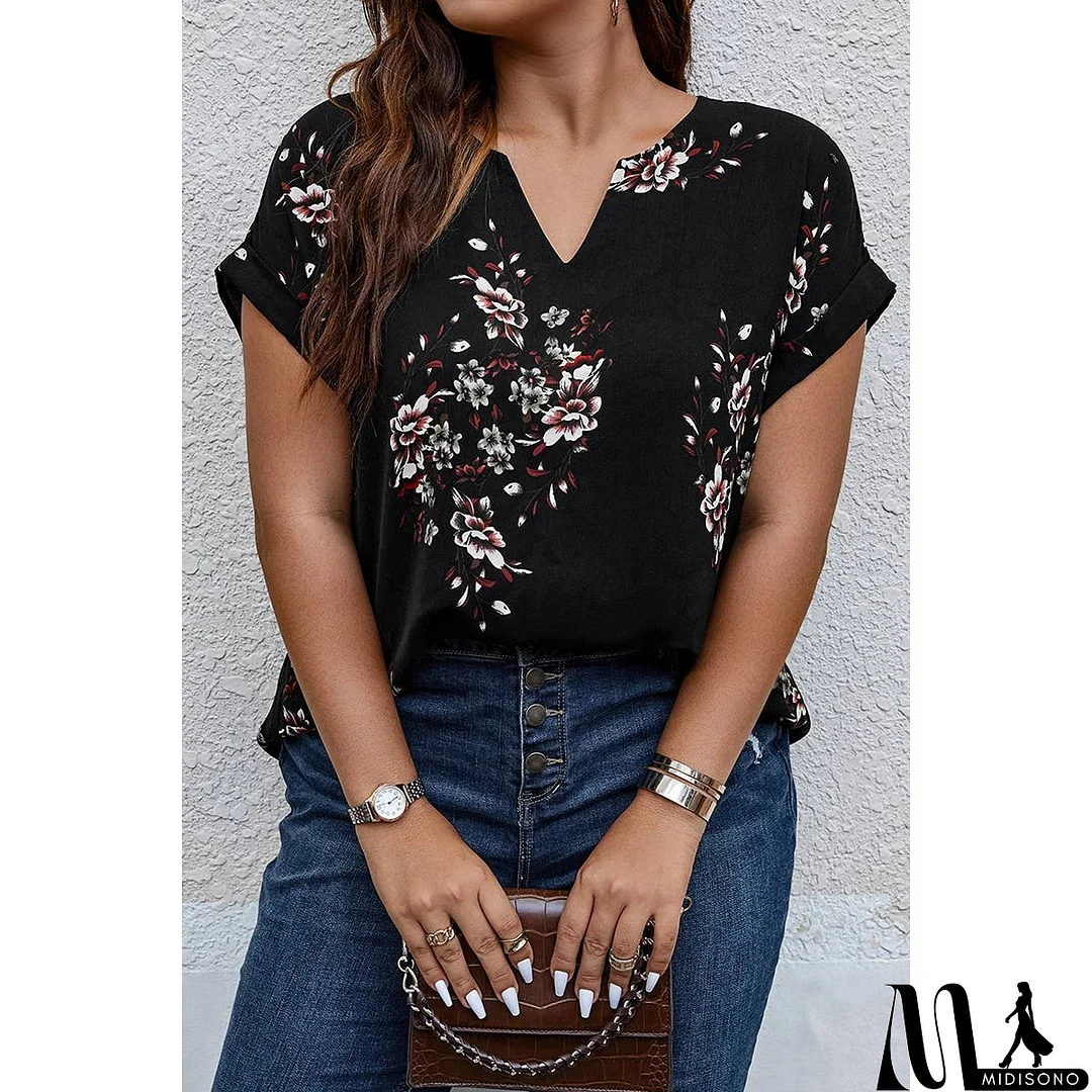 MidiSono - Plus Size Floral Print V Neck Loose Blouse