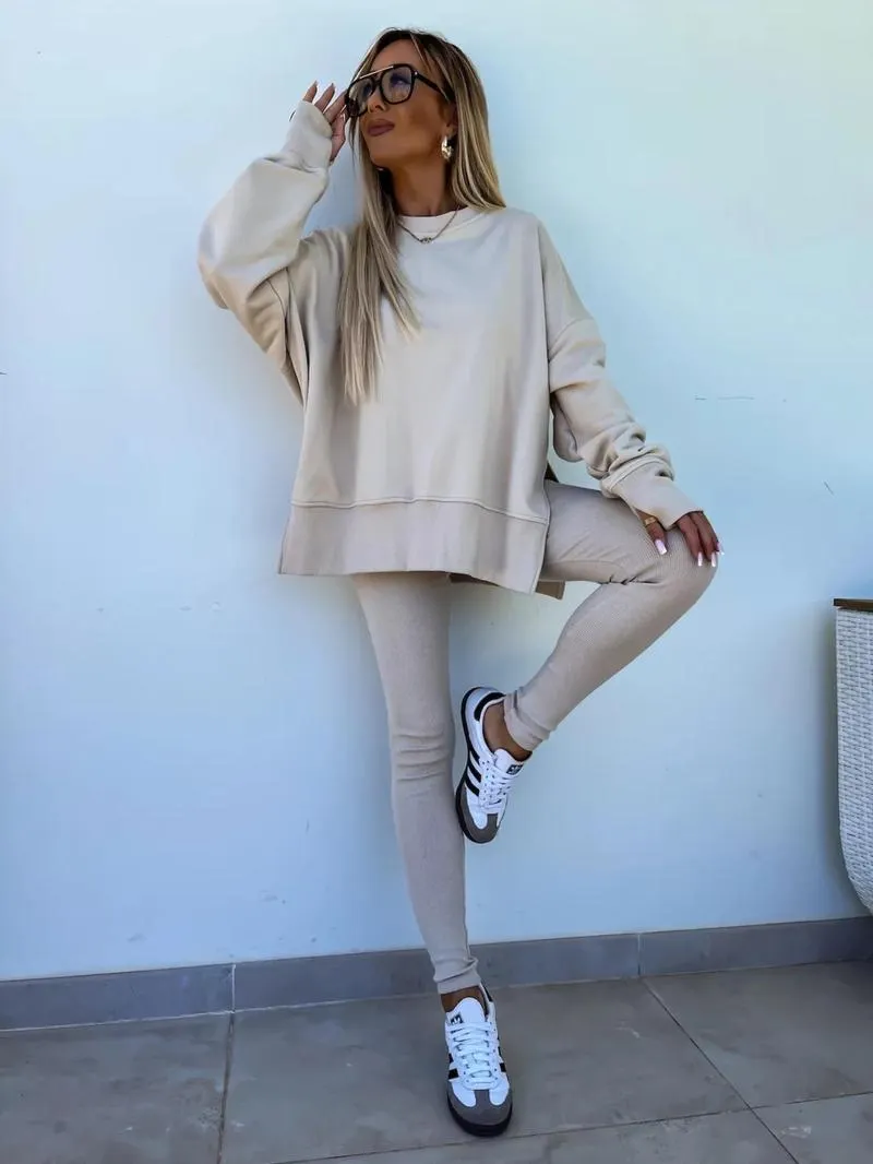 Oversize Two-Piece Set Women's Split Hem Sweatshirt & Skinny Pants, Casual Fashion Cozy Round Neck Long Sleeve Pullover Women's Clothing for Fall & Basic Winter Suits Womenswear Gamis