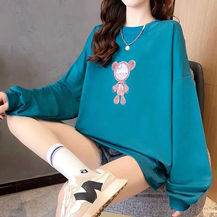 Cotton-Blend Casual Printed Long Sleeve Sweatshirt QueenFunky