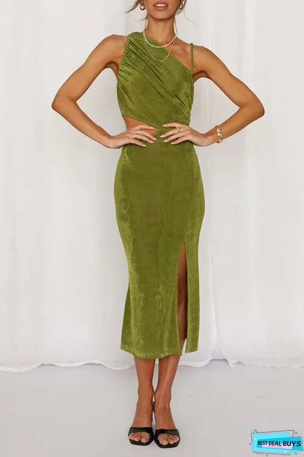 Fashion Elegant Solid Hollowed Out Slit Oblique Collar Pencil Skirt Dresses(5 Colors)