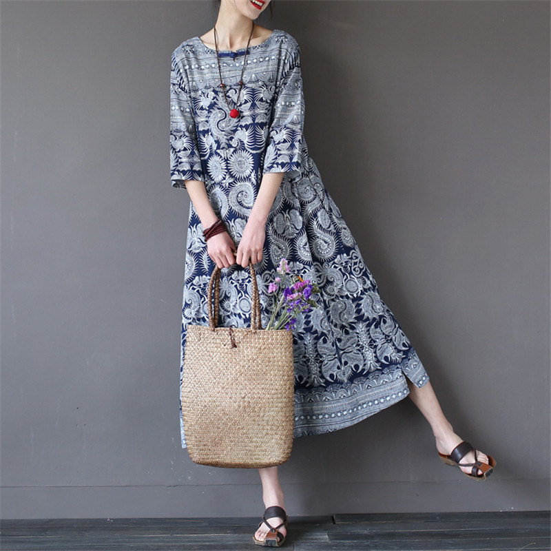 Fashion Vintage Print Plate Button Half Sleeve Linen Midi Dress