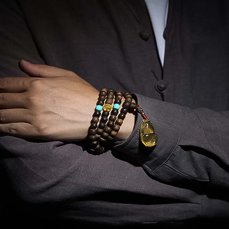 999 Gold 108 Mala Beads Nha Trang Agarwood Amber Turquoise Prayer Meditation Bracelet