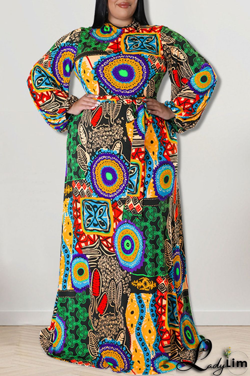 Black Fashion Casual Print Patchwork O Neck Straight Plus Size Dresses