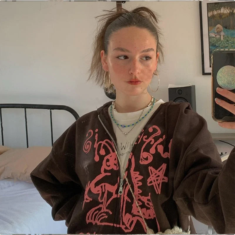 Y2K Vintage Female Sweatshirt Oversized Hoodies Women Autumn Long Sleeve Zip Up Coat Top E-girl Harajuku Grunge Gothic Clothes