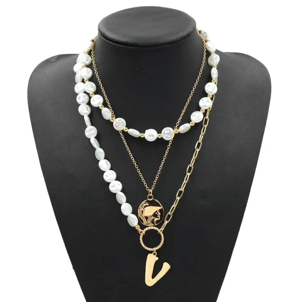 Dvacaman Retro Simple Pearl Letter Pendant Initial Necklace for Women Boho Statement Multi Layered Chunky Chain Necklace Jewelry