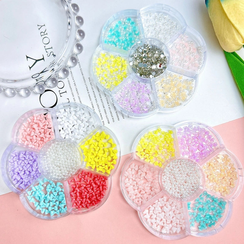 7-Grid Mixed Bow Pearl Nail Beauty Ornament Girl’s Style Mini Small Bow Tie Nail Material Package Box