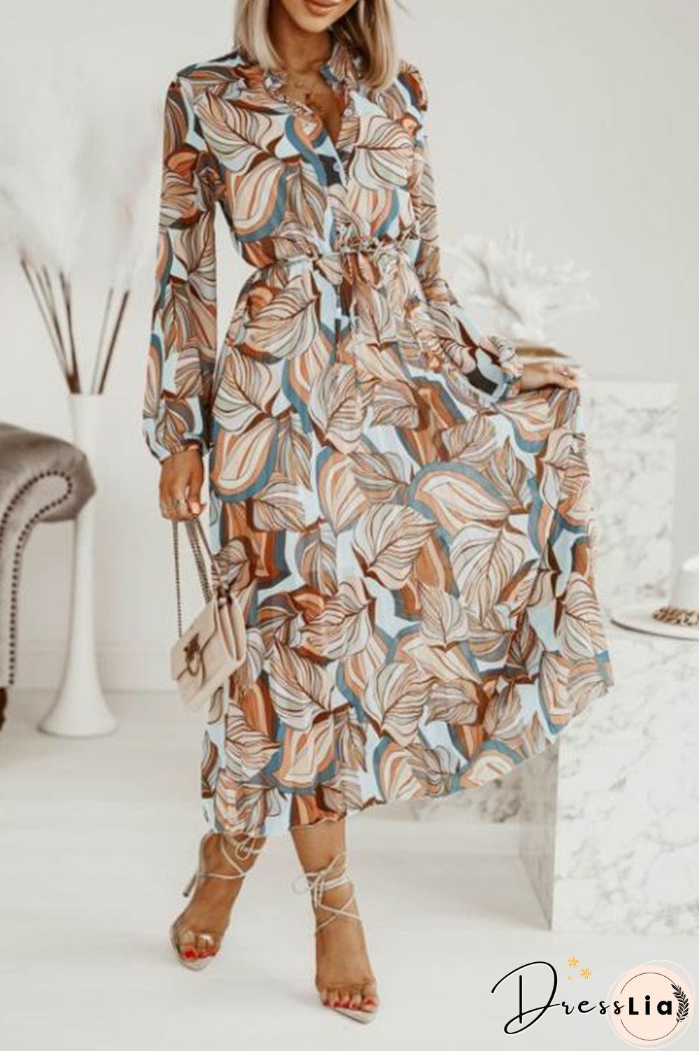 Casual Print Split Joint Turndown Collar Waist Skirt Dresses(3 Colors)