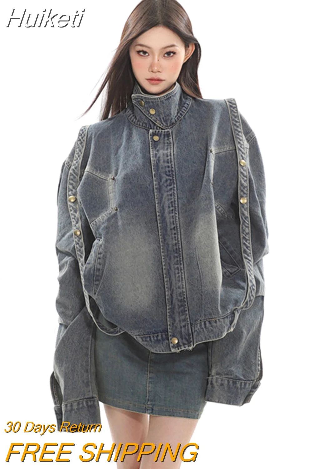 Huiketi Fashion Women's Denim Coat Stand Collar Full Sleeve Lace Up Spliced Wash Versatile Jacket Autumn 2023 New Tide 5R4411
