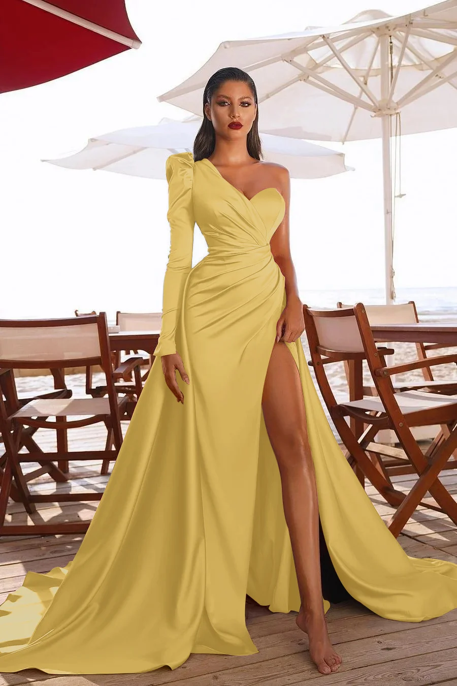 One Shoulder Long Sleeves Prom Dres With Split PD0105