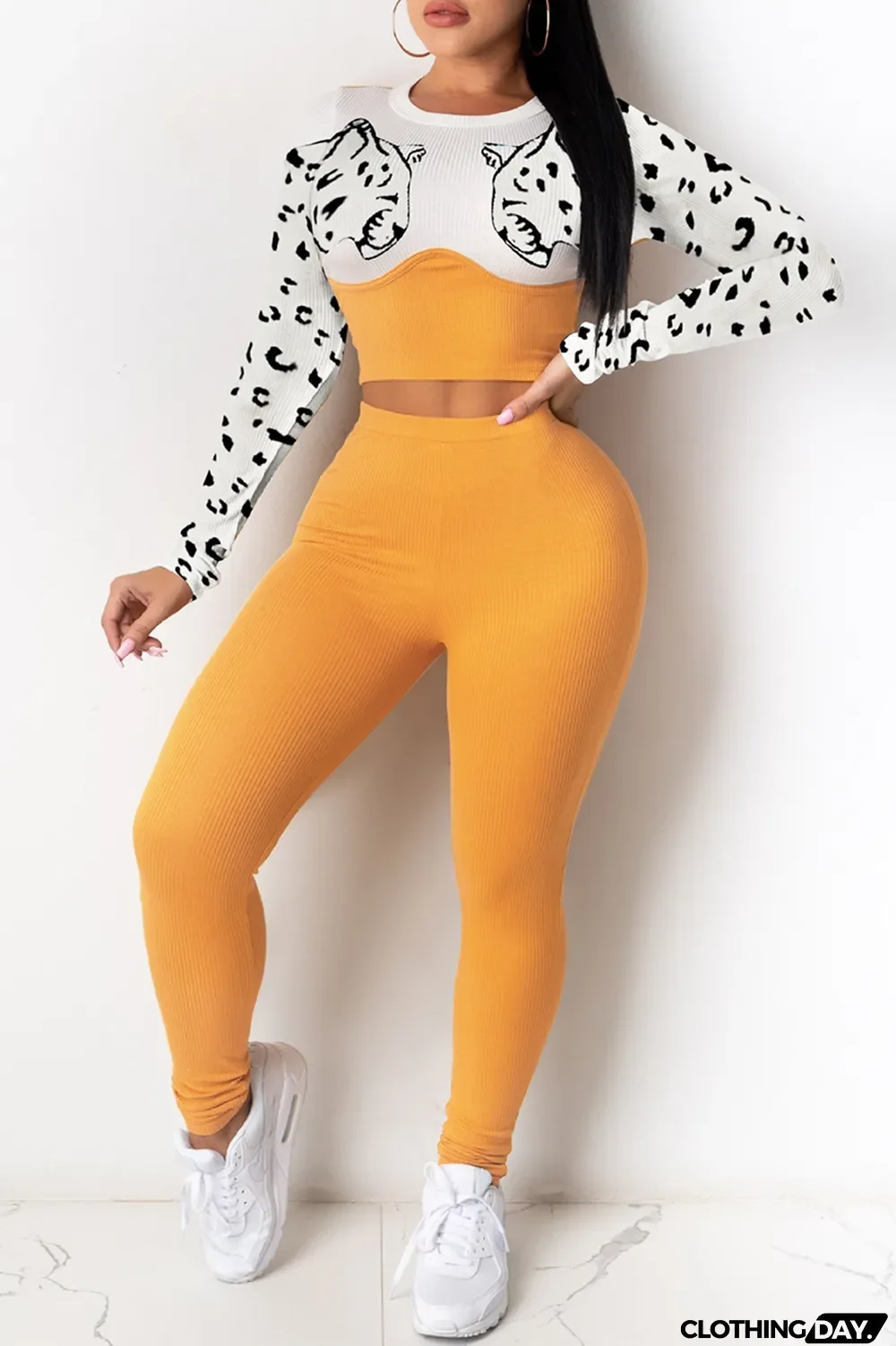 Red Fashion Casual Print Split Joint O Neck Long Sleeve Two Pieces