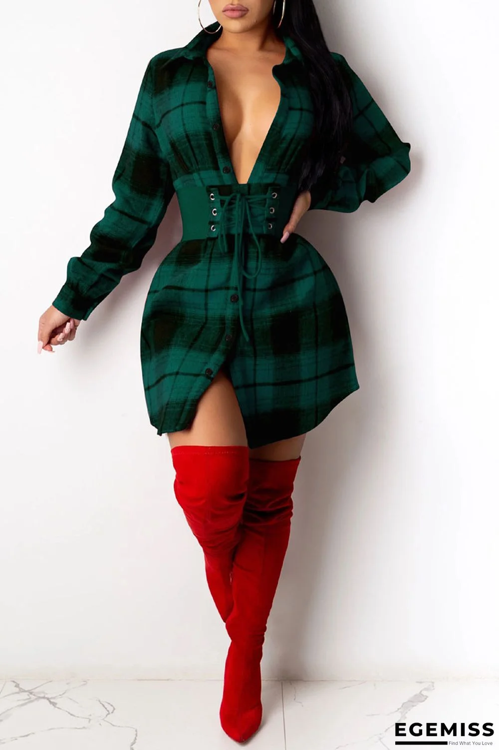 Green Casual Plaid Print Patchwork Buckle Turndown Collar Shirt Dress Dresses(Without Belt) | EGEMISS