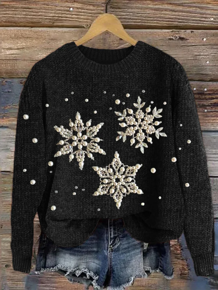 Comstylish Snowflakes Pearls Jewelry Art Cozy Knit Sweater