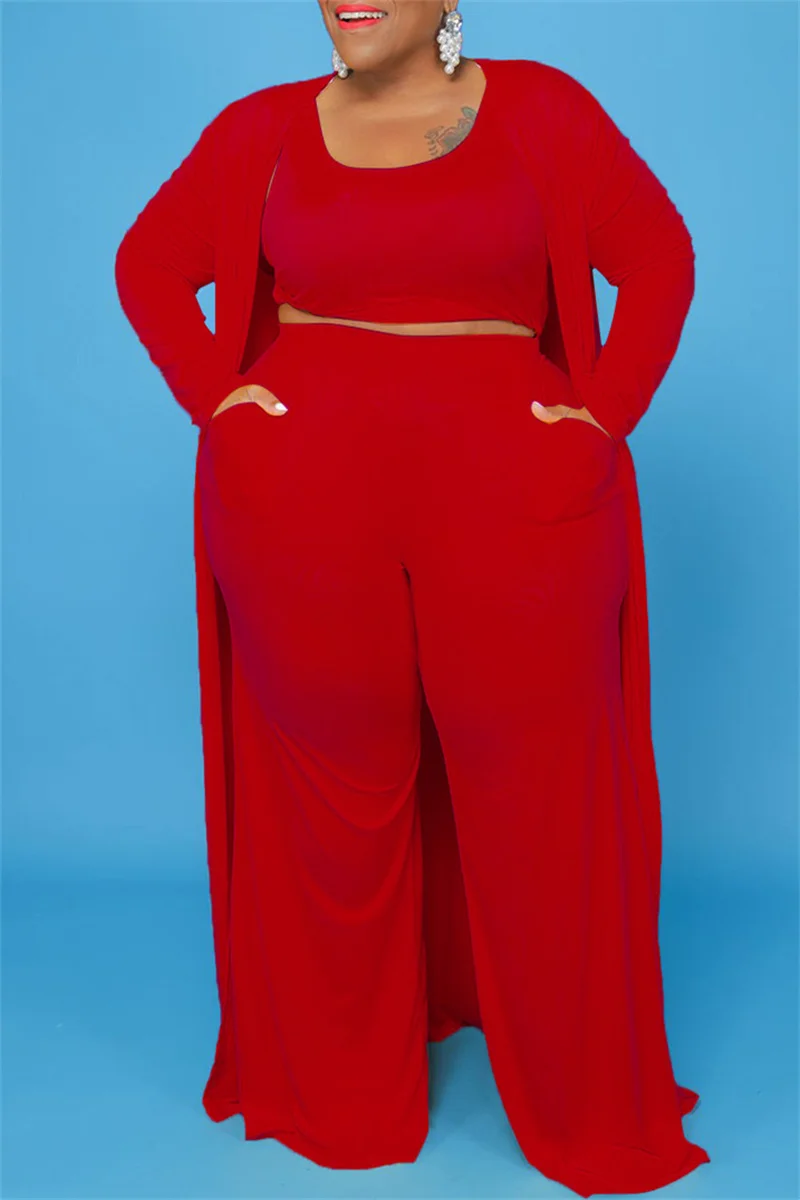 Red Casual Solid Cardigan Vests Pants O Neck Plus Size Two Pieces | EGEMISS