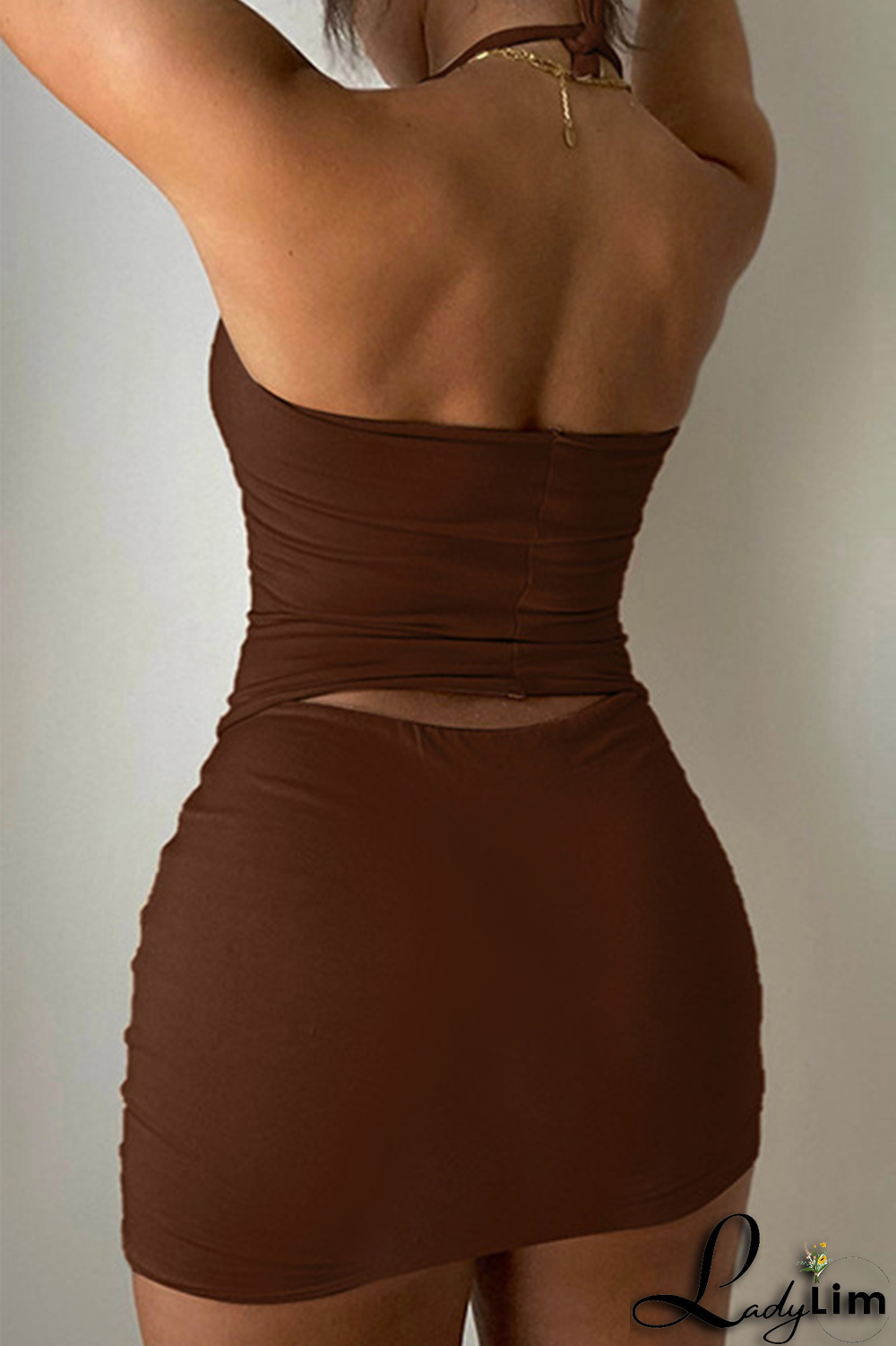 Coffee Sexy Solid Patchwork Halter Sleeveless Two Pieces