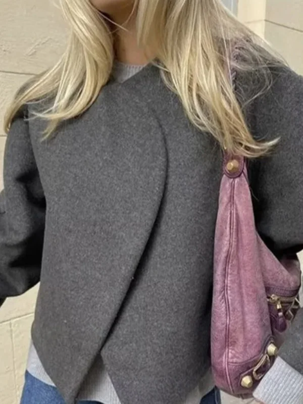 Women's new fashion solid color short cardigan woolen jacket Flusfy