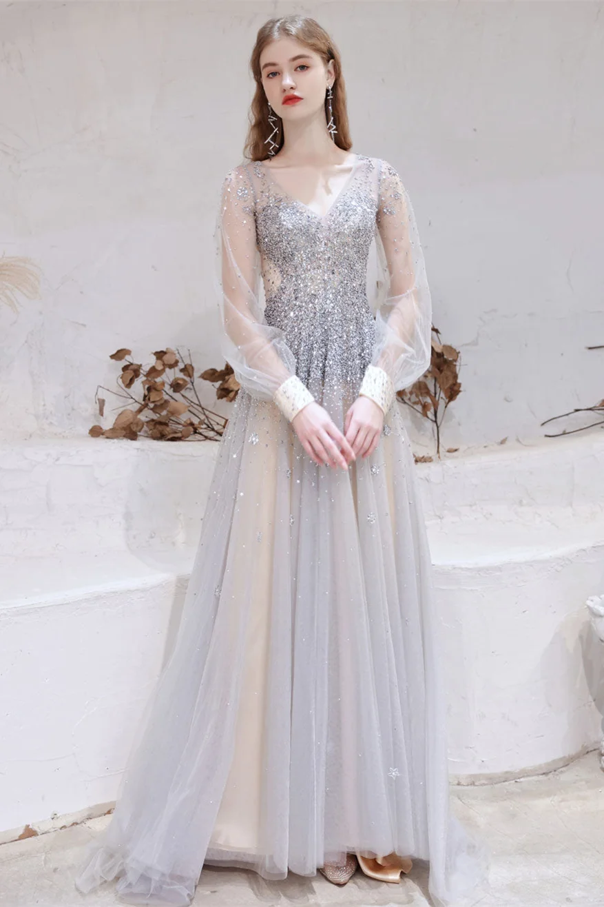Bellasprom Long Sleeves Fairy Tulle Prom Dress Long With Beads V-Neck