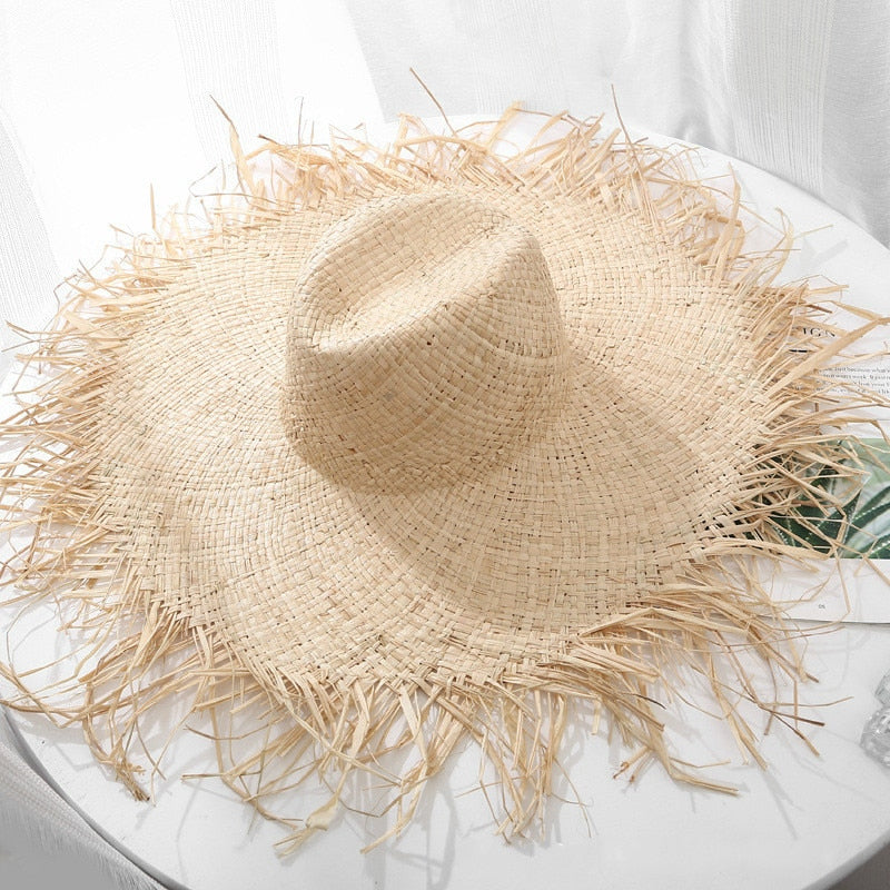 LLYGE 100% Natural Raffia Straw Sun Hat Women Summer Large Jazz Straw Hat Wide Brim Floppy Beach Hat Hand Weave Fashion Panama Cap llyge