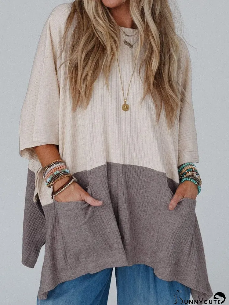Chic Pale Khaki Ribbed Knit Color Block Poncho with Split Side