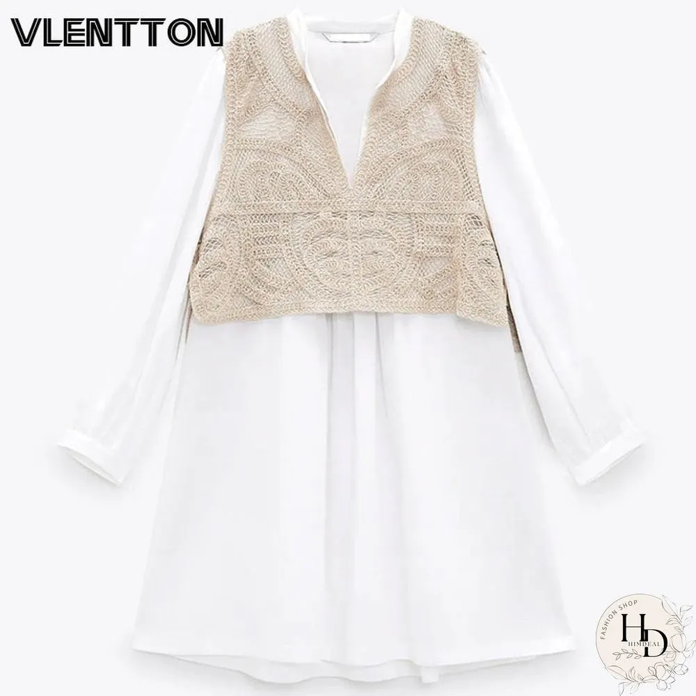 Summer New Women Fake Two Knit Patchwork Shirt Mini Dress Sexy V-Neck Long Sleeve Casual