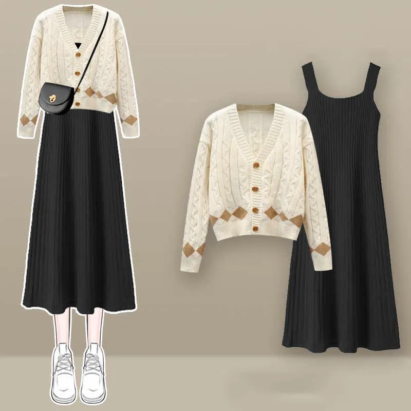 Rhombus Print Cardigan Sweater Slip Dress Two Pieces