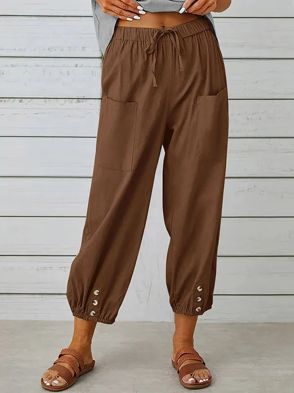 High Waisted Loose Buttoned Drawstring Elasticity Pockets Split-Joint Ninth Pants Trousers