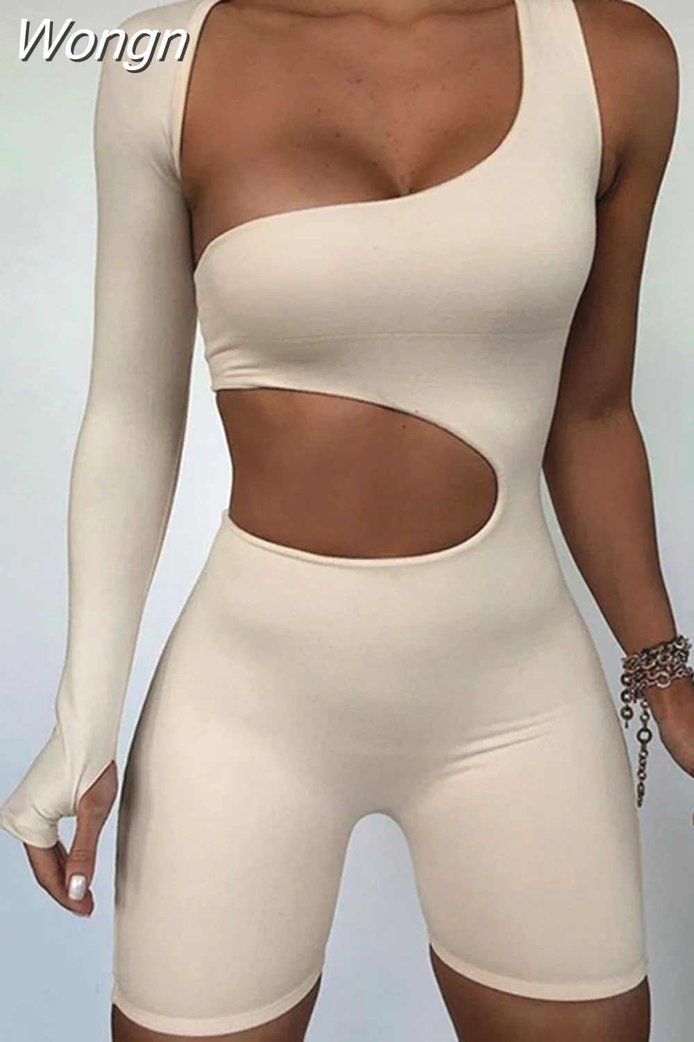 Wongn Casual Sports Hollow Out Skinny Fitness Shorts Jumpsuit Women Fashion Asymmetry Long Sleeve Workout Slim Soft Jumpsuit