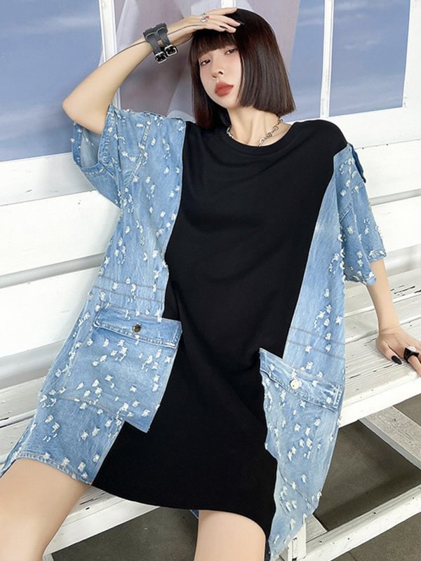 Short Sleeve Denim Split-Joint Round Neck Loose  Dress