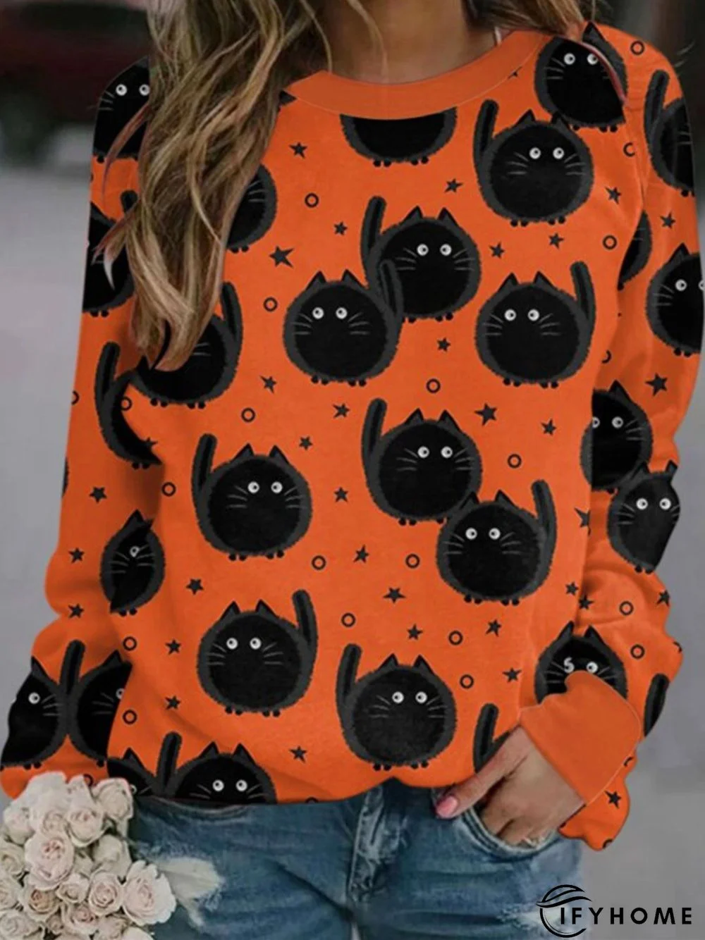 Halloween Casual Long Sleeve Round Neck Printed Top Sweatshirt | IFYHOME