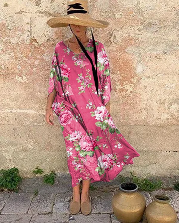 Holiday Pink Rose Floral Art Print Loose Dress