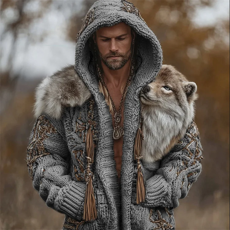 Men's Vintage Western Wild Wolf Chunky Hooded Cardigan