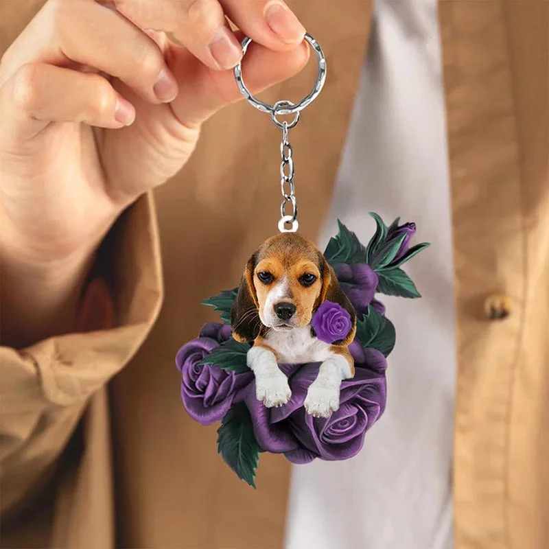 VigorDaily Beagle In Purple Rose Acrylic Keychain PR019
