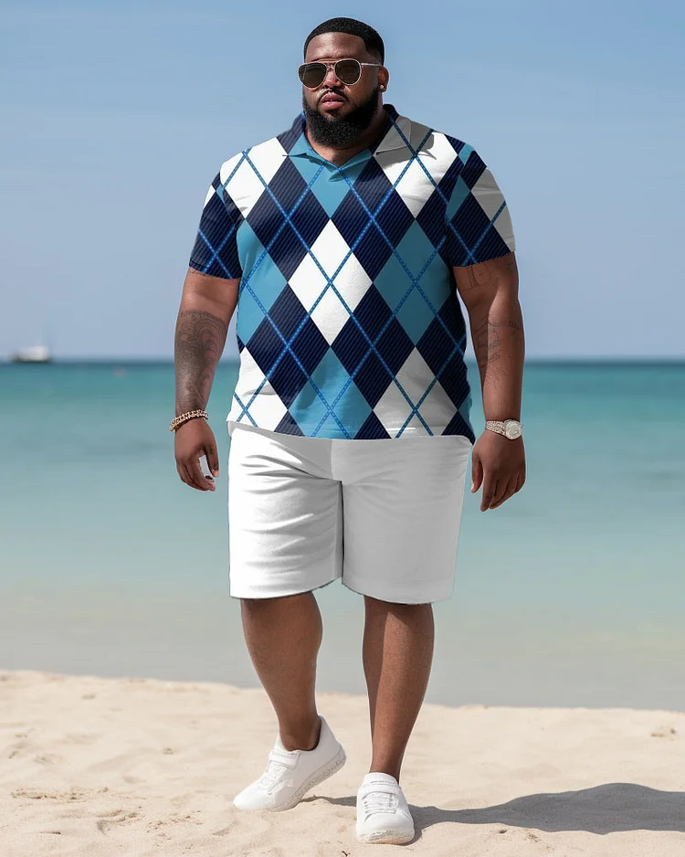 Men's Plus Size Check Print Short Sleeve Pol Shirt Shorts Suit