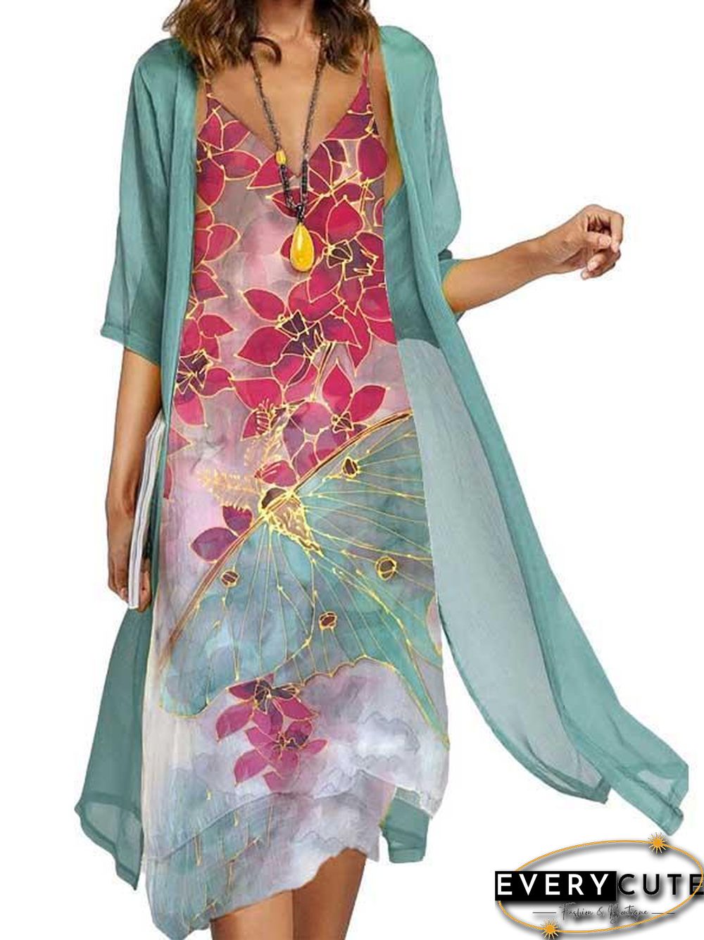 V Neck Printed Dress And Cardigan Suit