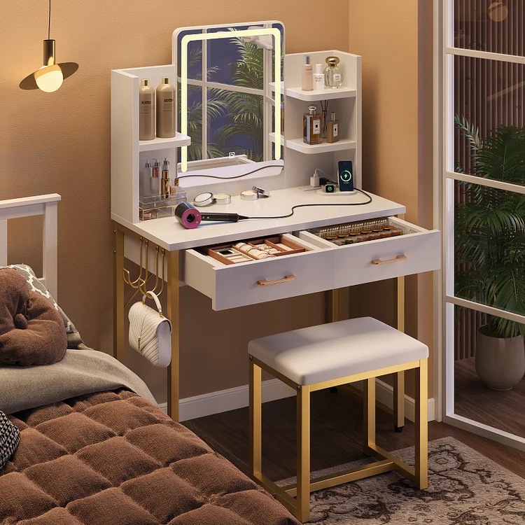 Bestier Makeup Vanity Set with Mirror and Lights, Vanity Desk with Drawers, Power Outlet & Cushioned Stool, Vanity Table for Bedroom