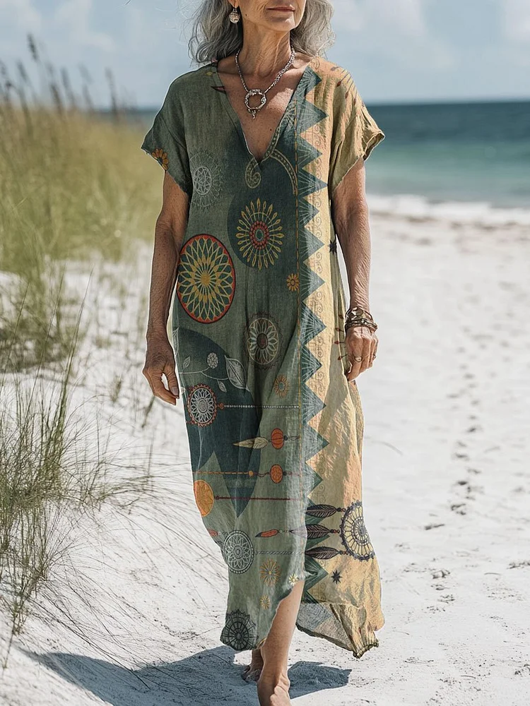 Women's Retro Pattern Art Print Pocket Cotton Dress