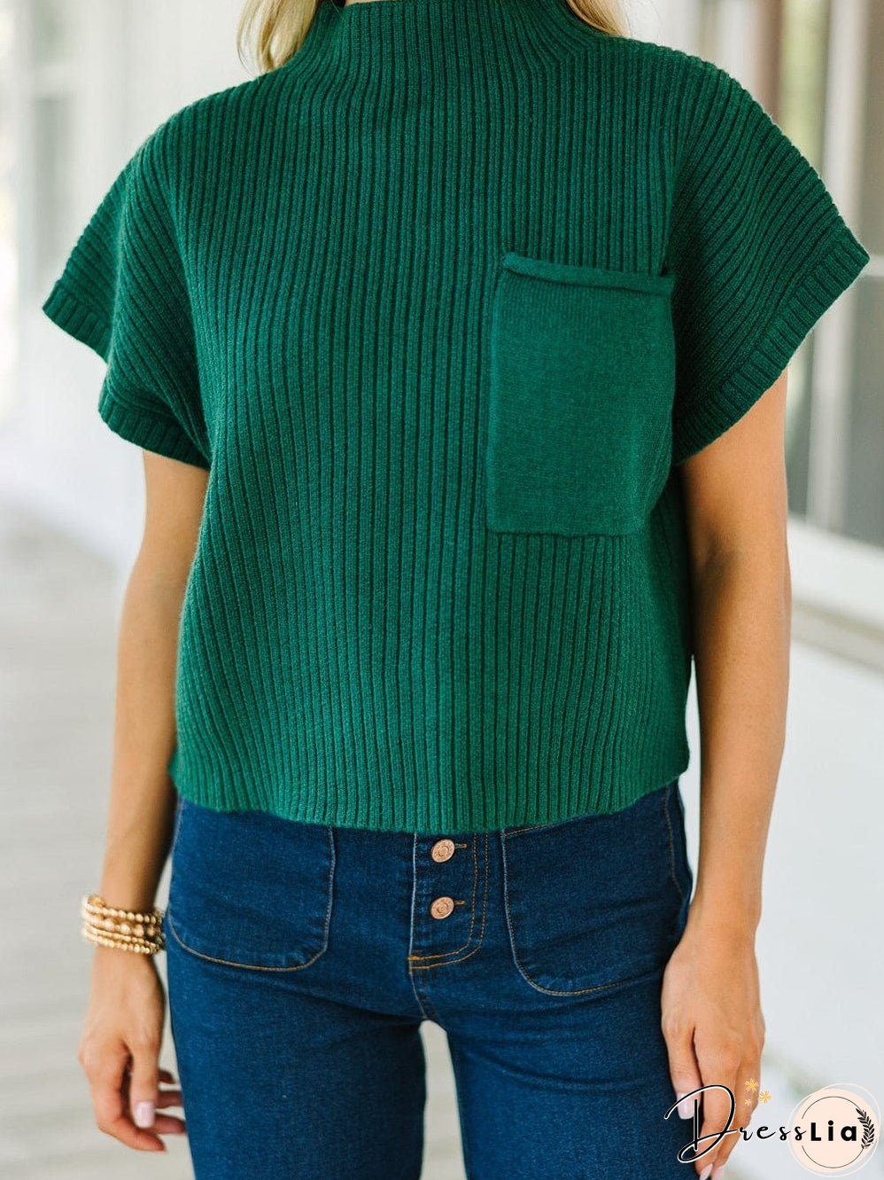Green Ribbed Knit Short Sleeve Sweater with Patch Pocket