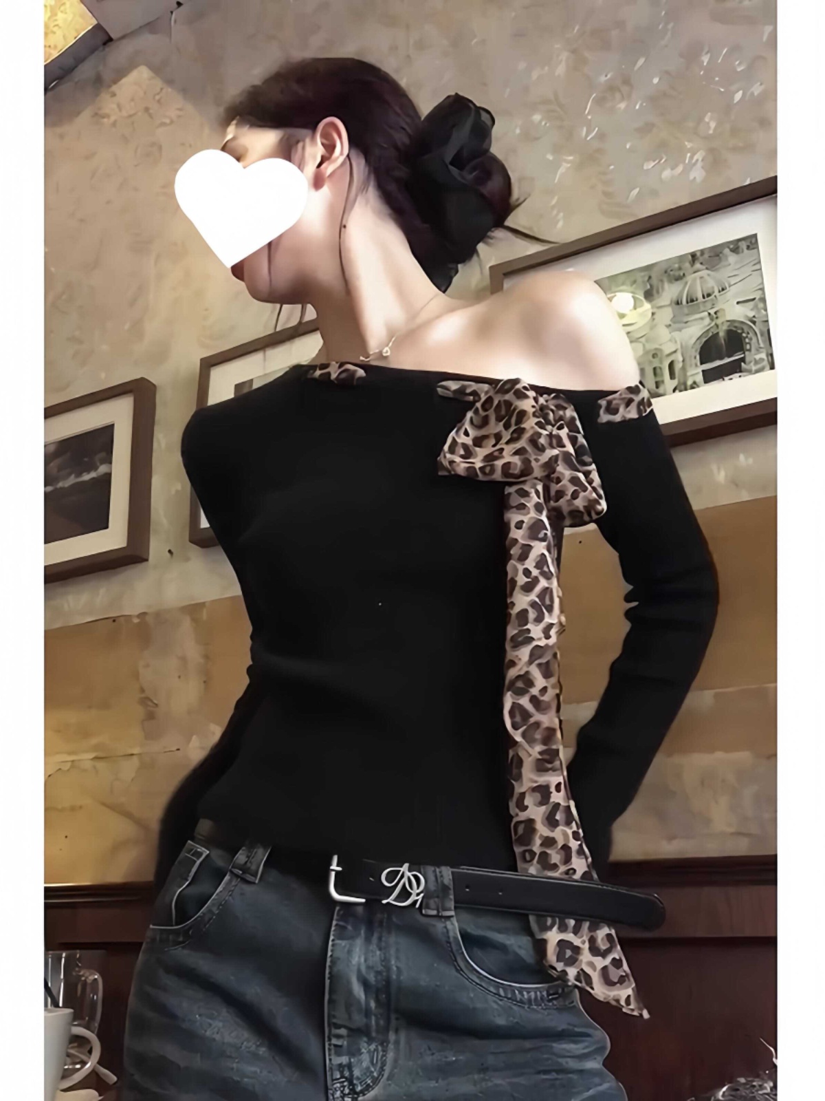 Usasaleprint plus Size Shoulder Bared Long Sleeve T-Shirt Women's Fashionable Leopard Print Base Shirt Weight Concealing Slimming Top